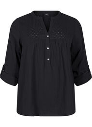 Bluse i bomuld med broderi anglaise og 3/4 ærmer, Black