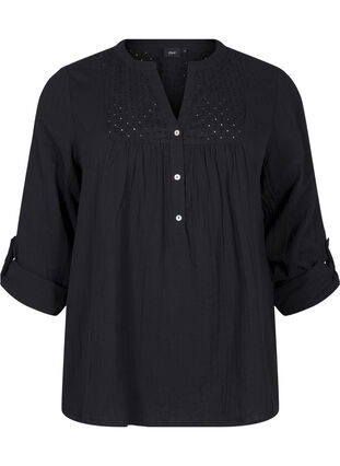 Zizzi Bluse i bomuld med broderi anglaise og 3/4 ærmer, Black, Packshot image number 0