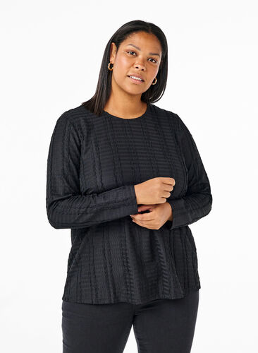 Zizzi Bluse med lange ærmer og tekstur, Black, Model image number 0