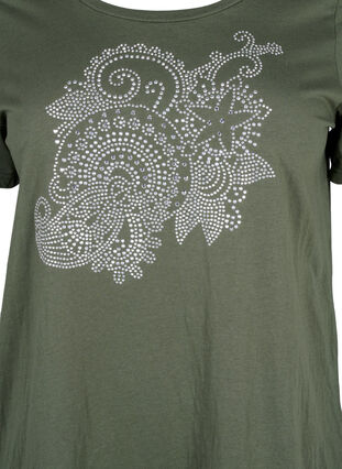 Zizzi Bomulds t-shirt med rhinesten motiv, Thyme w. Rhinestones, Packshot image number 2