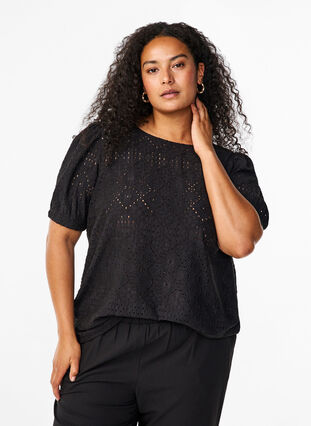 Zizzi Kortærmet bluse med hulmønster, Black, Model image number 0