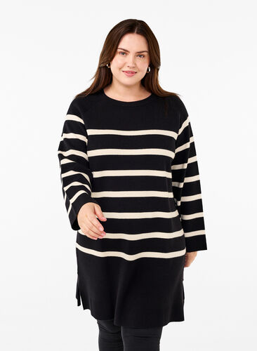 Zizzi Strikkjole med rund hals og slids, Black Birch Stripes, Model image number 0