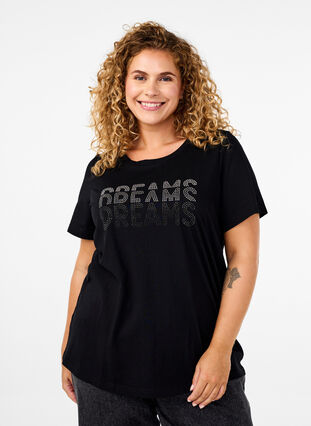 Zizzi Bomulds t-shirt med rhinesten motiv, Black w. Dream, Model image number 0