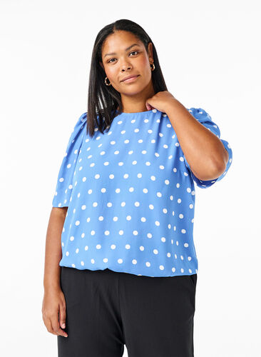 Zizzi Prikket bluse med korte ærmer, River S. White Dot, Model image number 0