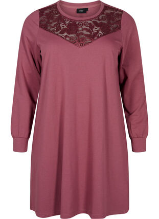 Zizzi Kort sweatkjole med blondedetalje, Rose Brown, Packshot image number 0