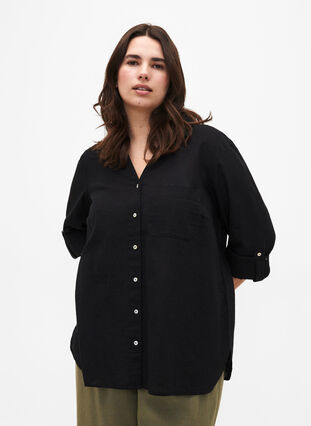 Zizzi Skjortebluse med knaplukning i bomuldsmix med hør, Black, Model image number 0