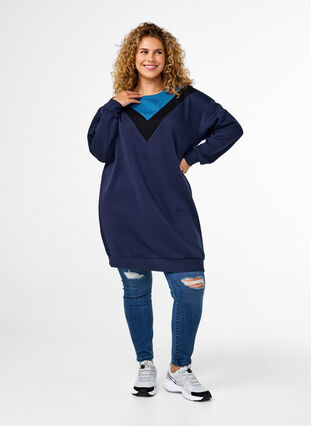 Zizzi Lang sweatshirt med colorblock, Navy B. Color Block, Model image number 2