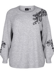 Strikbluse med dekorativt mønster , Light Grey Melange, Packshot