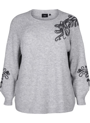 Zizzi Strikbluse med dekorativt mønster , Light Grey Melange, Packshot image number 0