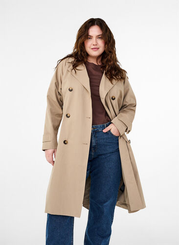 Zizzi Klassisk lang trenchcoat med bælte, Chinchilla, Model image number 0