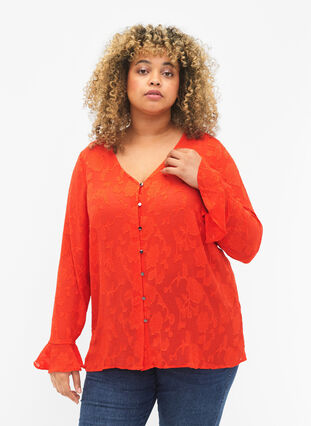 Zizzi Langærmet skjorte med jacquard look, Orange.com, Model image number 0