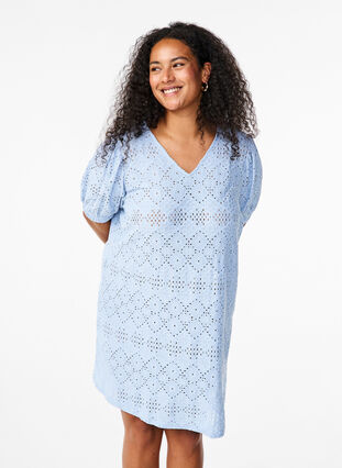 Zizzi Kort kjole med v-hals og hulmønster, Cashmere Blue, Model image number 0