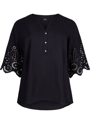 Zizzi Skjortebluse med broderi anglaise og 3/4 ærmer , Black, Packshot image number 0