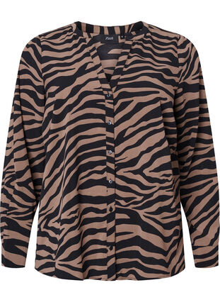 Zizzi V-hals skjorte med zebraprint, Black/Brown Zebra, Packshot image number 0
