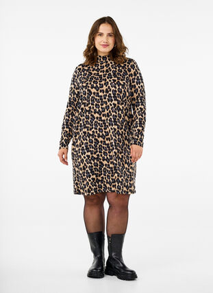 Zizzi FLASH - Langærmet kjole med turtleneck, Leopard Print, Model image number 2