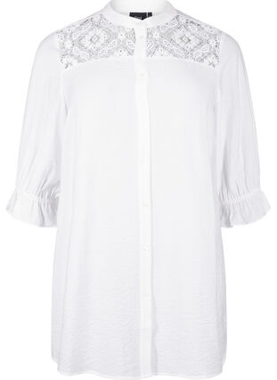 Zizzi Lang viskoseskjorte med blondedetalje, Bright White, Packshot image number 0