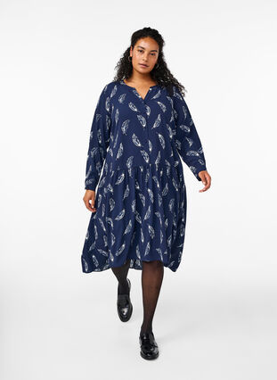 Zizzi Midikjole med lange ærmer, Navy B. Feather AOP, Model image number 0