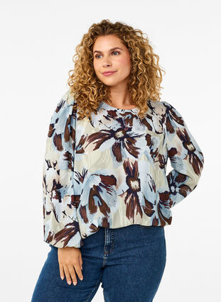 Zizzi Langærmet bluse med print og knap, Grey Flower AOP, Model image number 0