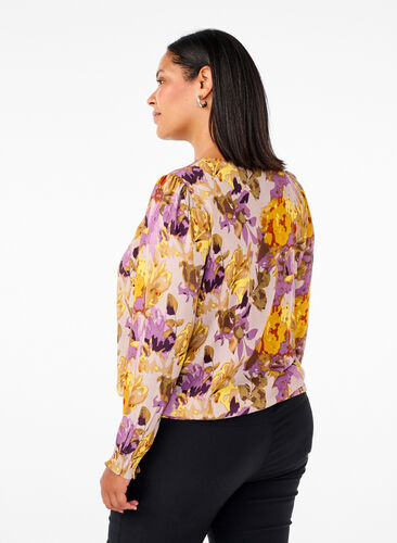 Zizzi Smockbluse med blomsterprint, Purple Flower, Model image number 1