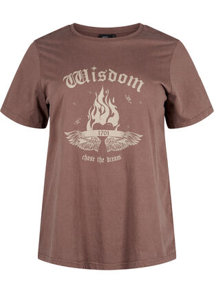 Zizzi T-shirt i økologisk bomuld med print, Brown Wash W. Wisdom, Packshot image number 0