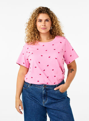 Zizzi T-shirt i økologisk bomuld med broderede læber., Rose Bl. Lips Emb. , Model image number 0