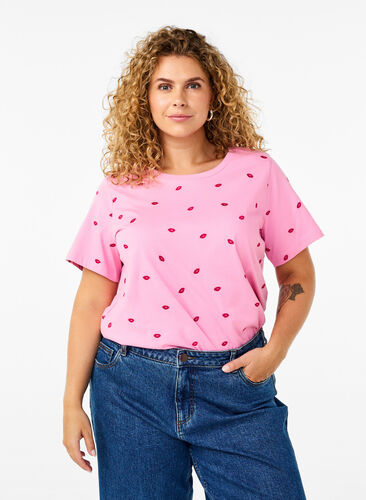 Zizzi T-shirt i økologisk bomuld med broderede læber., Rose Bl. Lips Emb. , Model image number 0