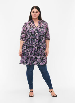 Zizzi Tunika med blomsterprint og lurex, Black Small Fl. AOP, Model image number 2