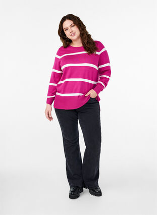 Zizzi Strikket viskosebluse med striber, Fuchsia Red Comb, Model image number 2