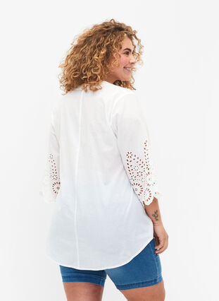 Zizzi Skjortebluse med broderi anglaise og 3/4 ærmer , Bright White, Model image number 1