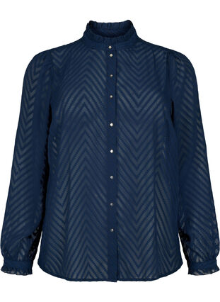 Zizzi Skjortebluse med flæser og mønstret tekstur, Navy Blazer, Packshot image number 0