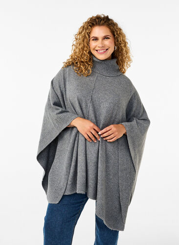 Zizzi Poncho med høj hals, Medium Grey Melange, Model image number 0