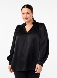 Langærmet bluse med flæser og v-hals, Black, Model