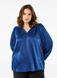 Langærmet bluse med flæser og v-hals, Estate Blue, Model