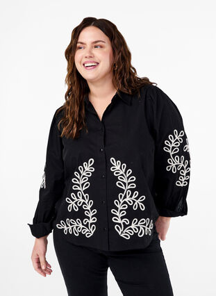 Zizzi Løs skjorte i bomuld med broderi, Black, Model image number 0