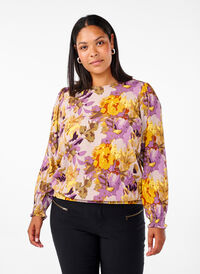 Smockbluse med blomsterprint, Purple Flower, Model