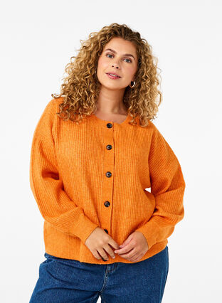 Zizzi Ribstrikket cardigan med knapper, Marmelade Mel., Model image number 0