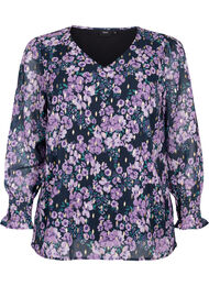 Blomstret bluse med lange ærmer og v-hals, Black Small Fl. AOP