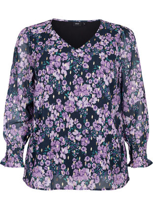 Zizzi Blomstret bluse med lange ærmer og v-hals, Black Small Fl. AOP, Packshot image number 0