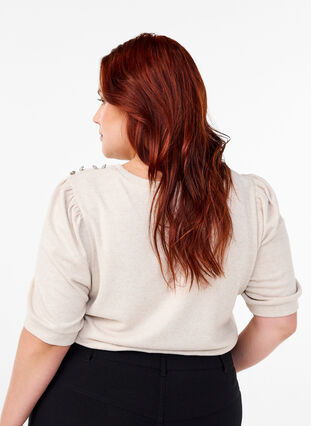 Zizzi Bluse med knapdetalje og korte pufærmer, Oatmeal White Mel., Model image number 1