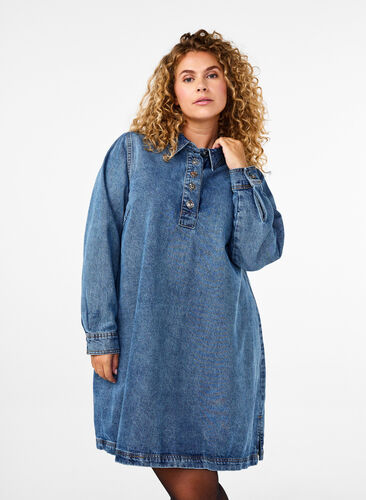 Zizzi Kort denimkjole med a-shape og lange ærmer, Blue Denim, Model image number 0