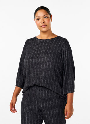 Zizzi Løs bluse med 3/4 ærmer, Black Melange, Model image number 0