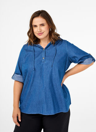 Zizzi Denim bluse med hætte, Medium Blue Denim, Model image number 0