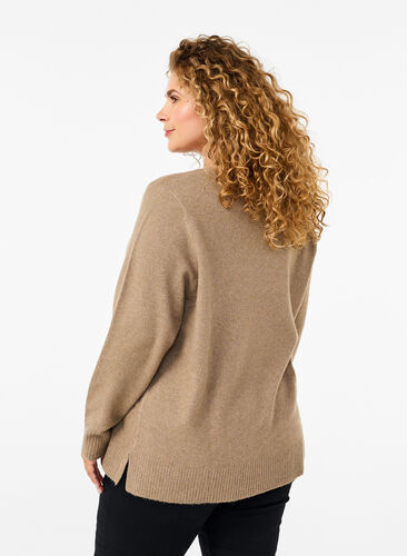 Zizzi Strikbluse med v-hals, Desert Taupe Melange, Model image number 1