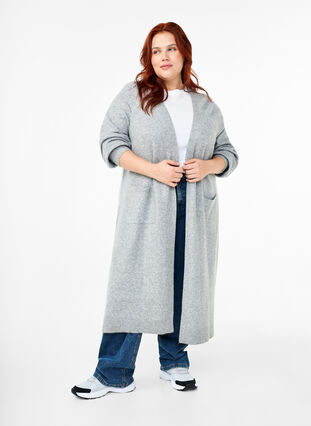 Zizzi Lang strikcardigan med lommer, Light Grey Melange, Model image number 2