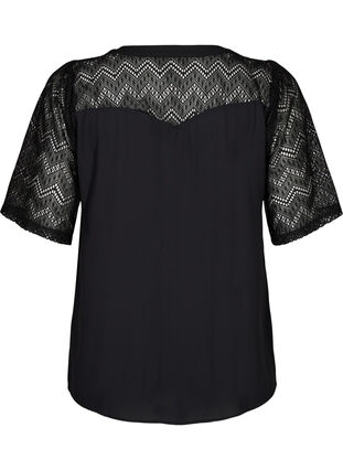 Zizzi Skjortebluse med korte blondeærmer, Black, Packshot image number 1