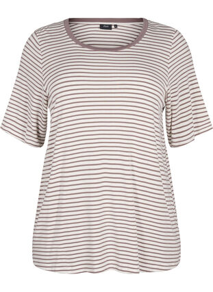 Zizzi Stribet t-shirt i lyocell med rund hals, Ant White Walnut St, Packshot image number 0