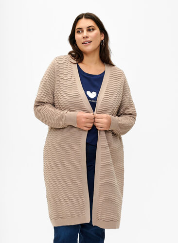 Zizzi Strikket cardigan i bomulds-viskose mix, Simply Taupe, Model image number 0