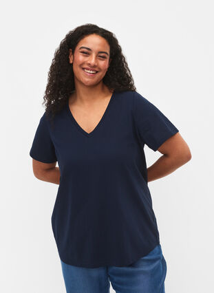 Kortærmet t-shirt med - - v-udskæring - Blå Zizzi Str. 42-60