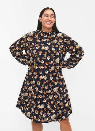 Zizzi FLASH - Langærmet kjole med blomsterprint, Navy Brown Flower, Model image number 0