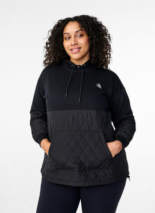 Zizzi Sweatshirt med hætte og quilt, Black, Model image number 0